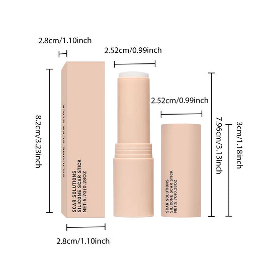 Silicone Scar Stick Scar Solutions con caja beige y dimensiones de referencia