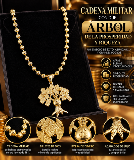 Cadena militar dorada de 60 cm y 4 mm con dije Árbol de la Prosperidad en oro laminado 18K