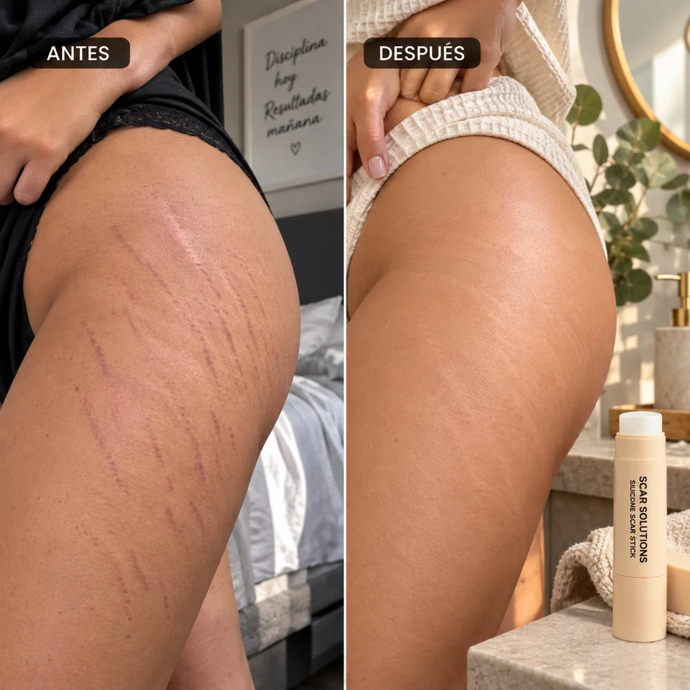 Comparación visual antes y después en muslo con Silicone Scar Stick